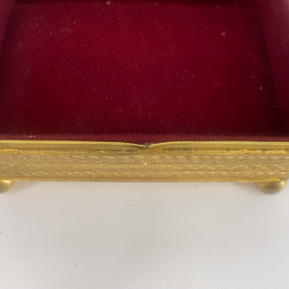 Vintage Austria Jeweled Trinket Box Gold Tone Etched Red Velvet Lined - Picture 10 of 16